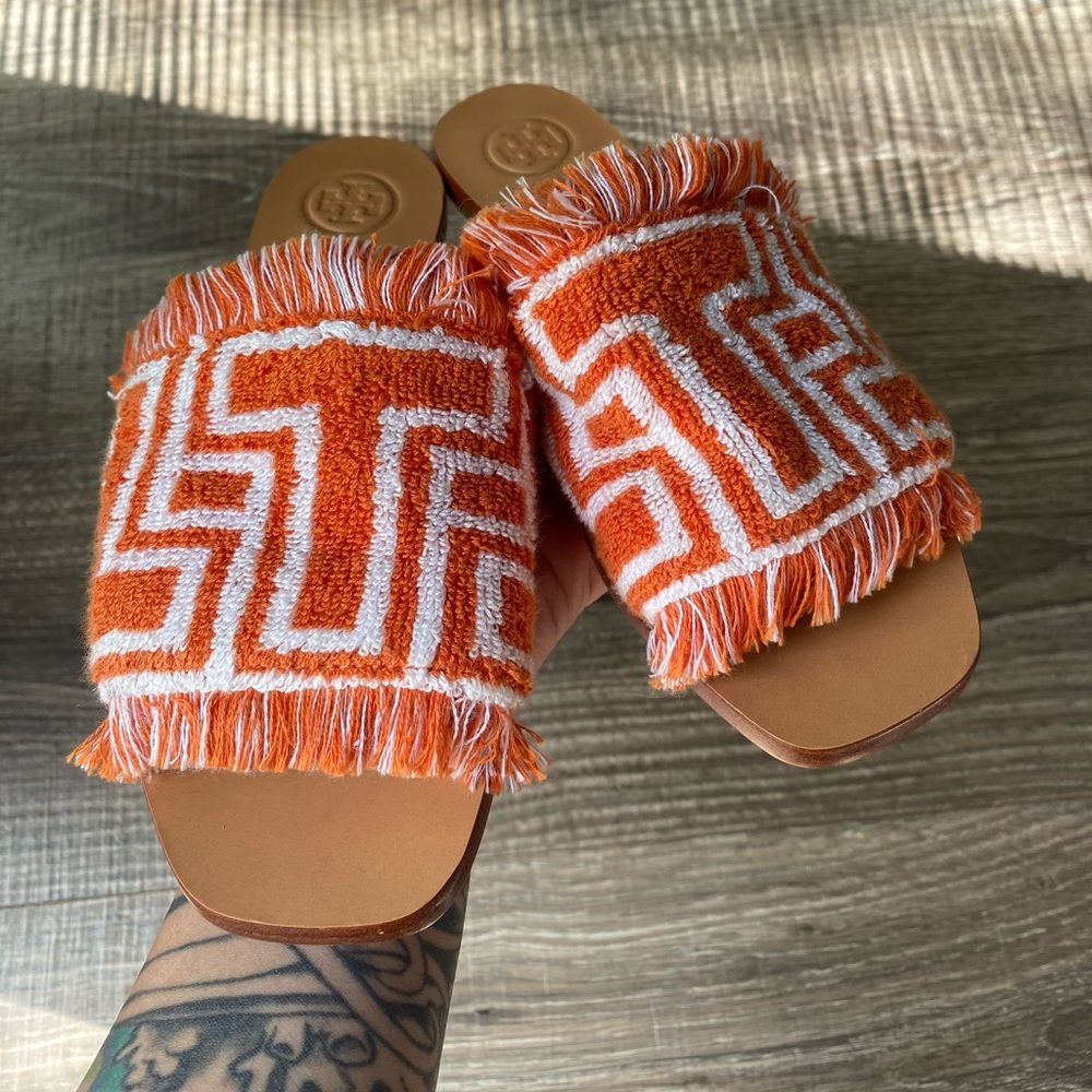 Tory Burch Fringe-trimmed Cotton Terry Slides
